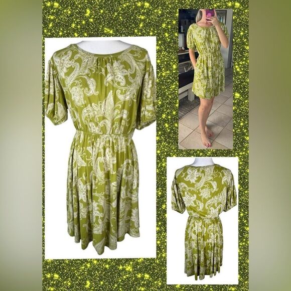 Daily Practice by Anthropologie Chartreuse Green Paisley Print Mini Dress - Picture 1 of 10